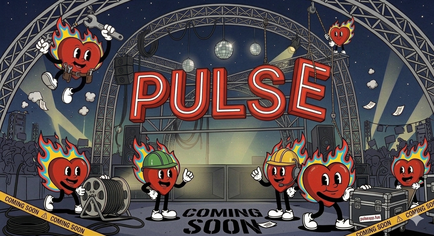 PULSE — festival stage with flaming heart mascots